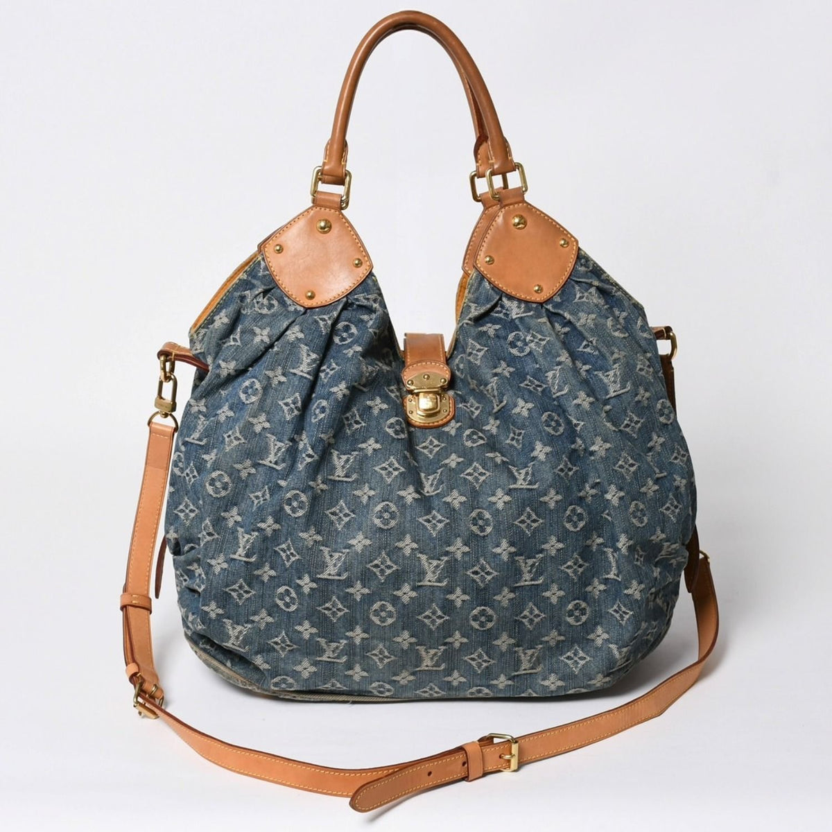 Louis Vuitton Monogram Denim L Handbag Blue Gold