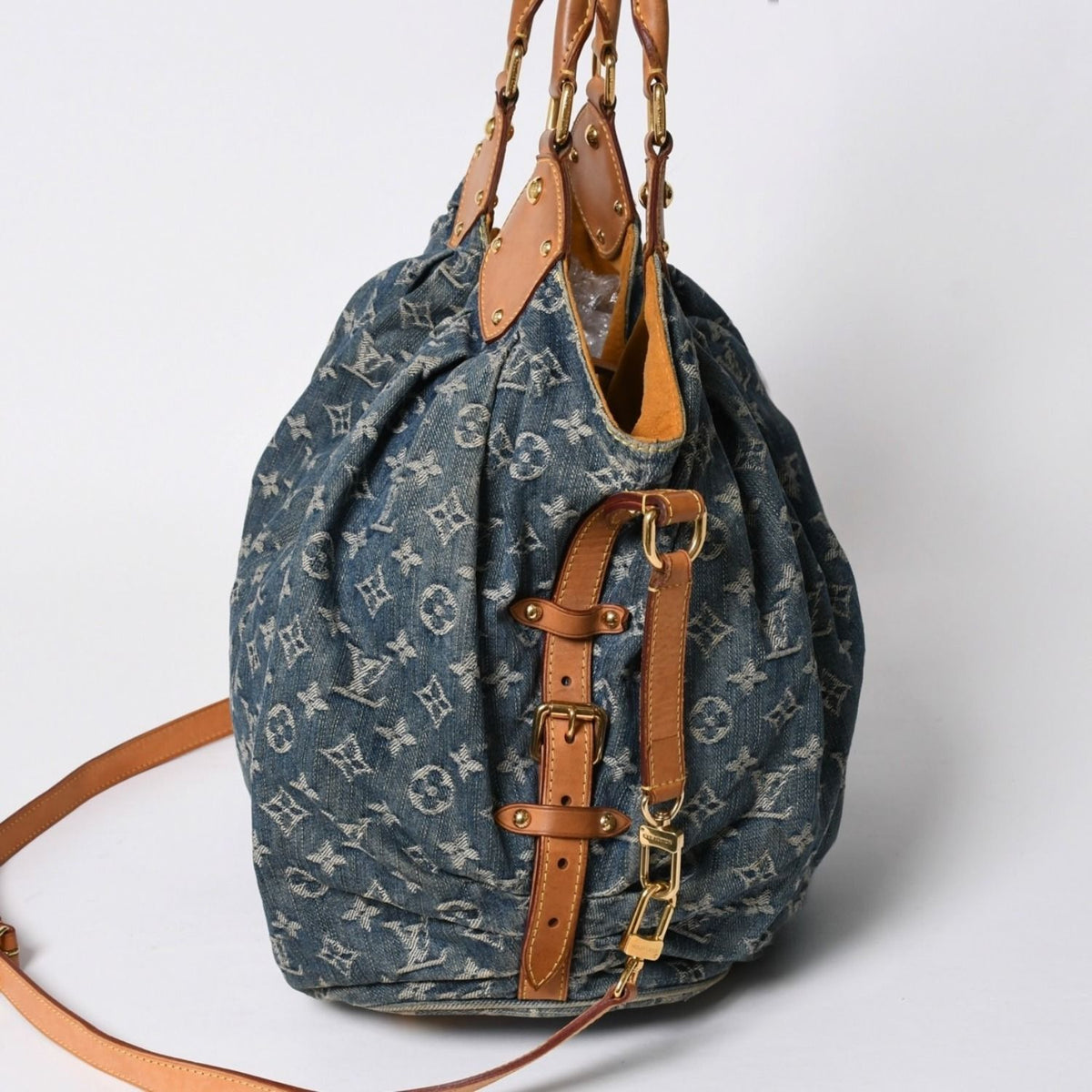 Louis Vuitton Monogram Denim L Handbag Blue Gold — view 7