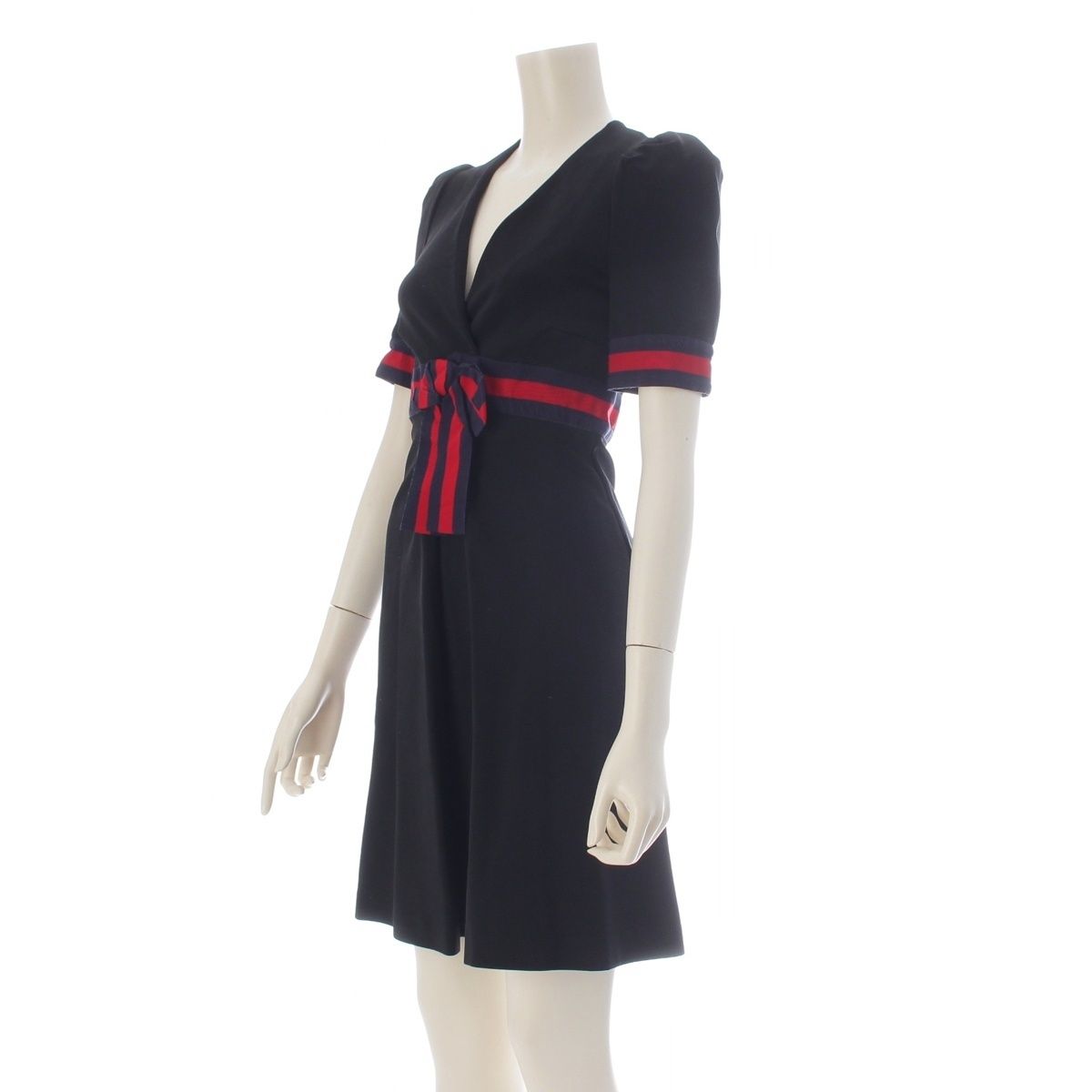 Gucci Jersey V-neck Dress Rayon Nylon Short Sleeve Ribbon Interlocking G Black — view 2