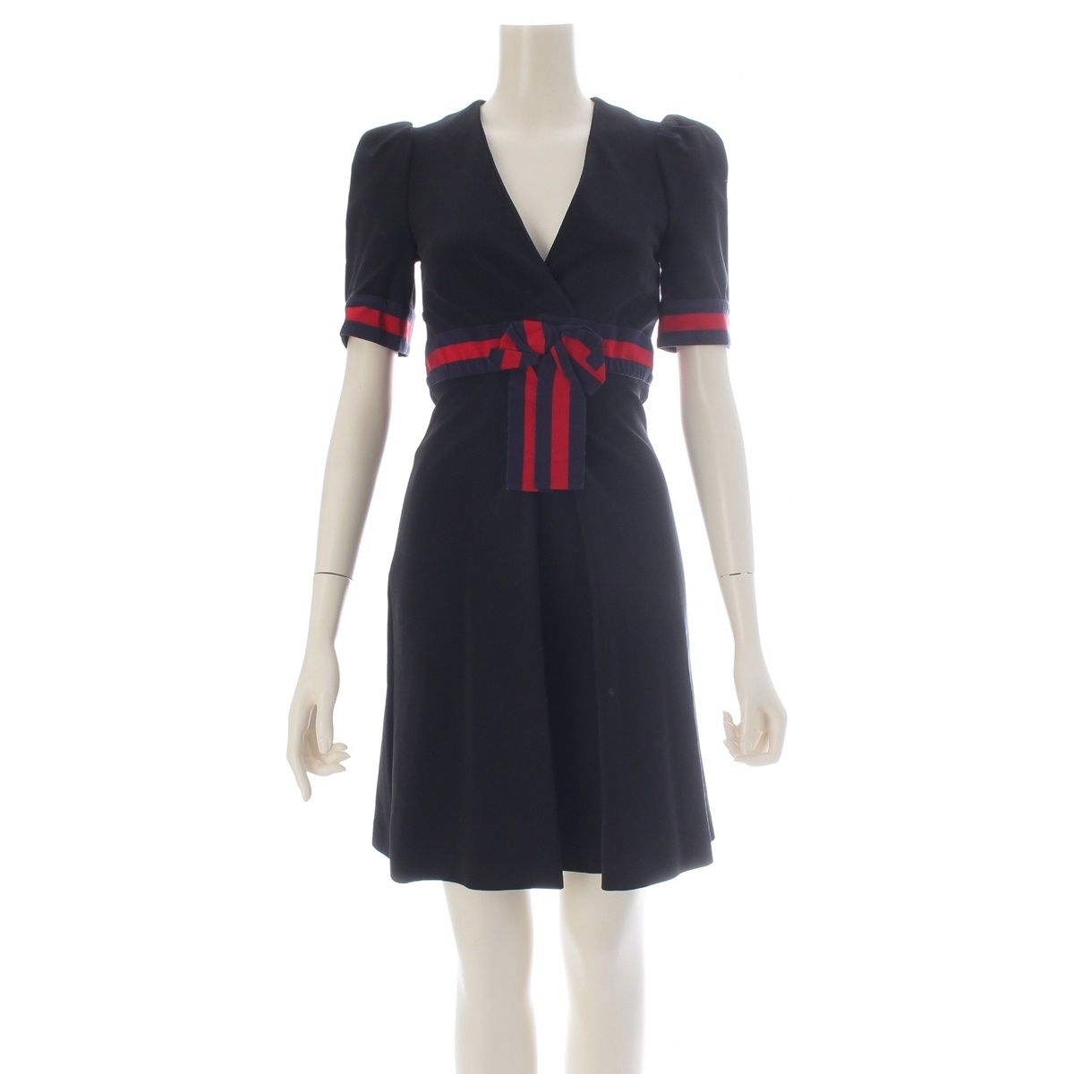 Gucci Jersey V-neck Dress Rayon Nylon Short Sleeve Ribbon Interlocking G Black