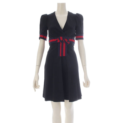Gucci Jersey V-neck Dress Rayon Nylon Short Sleeve Ribbon Interlocking G Black