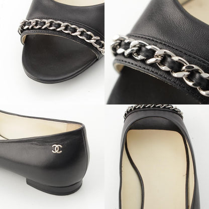 Chanel Lambskin Leather CC Logo Chain Open Toe Pumps Flat Shoes Black 39C — view 8