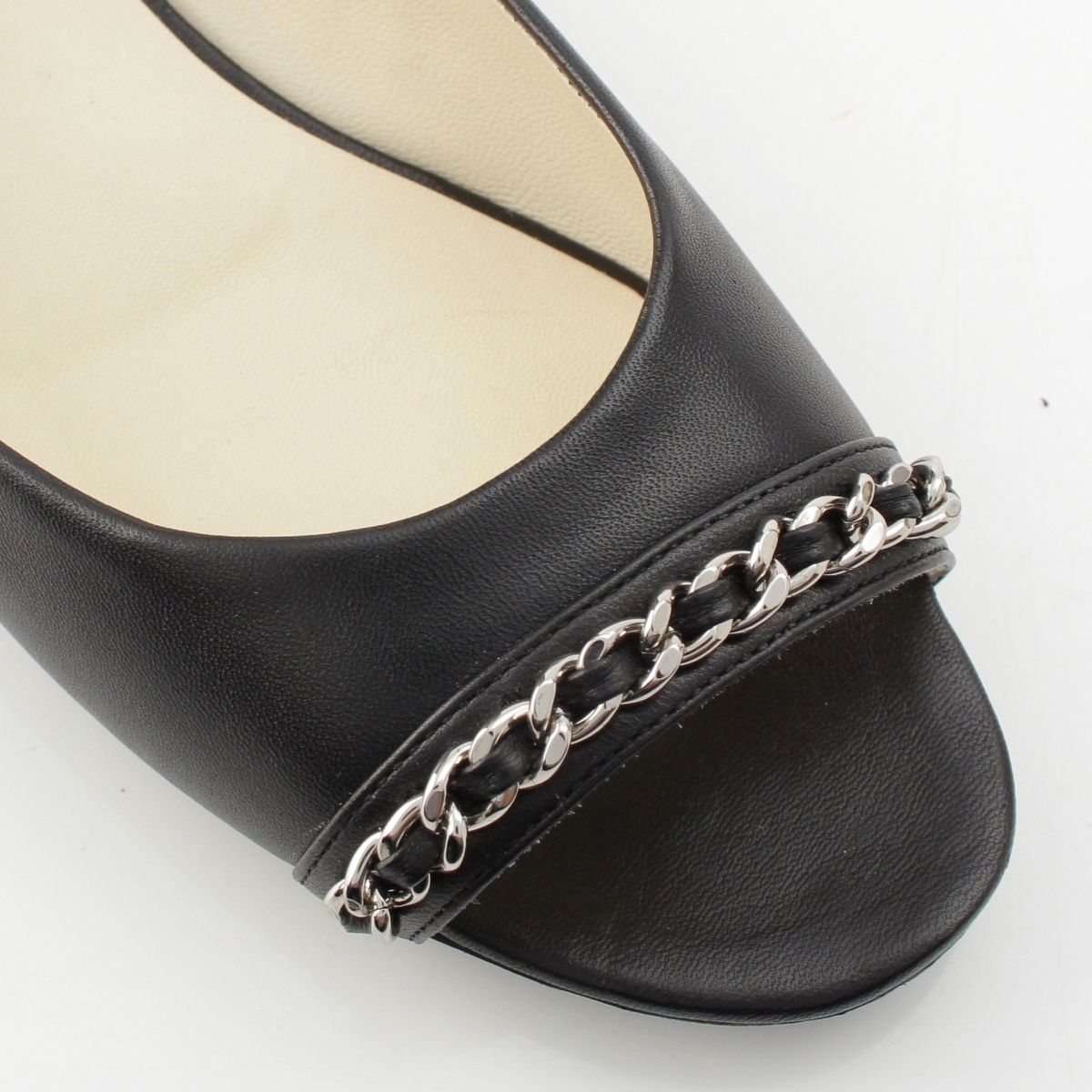 Chanel Lambskin Leather CC Logo Chain Open Toe Pumps Flat Shoes Black 39C — view 6