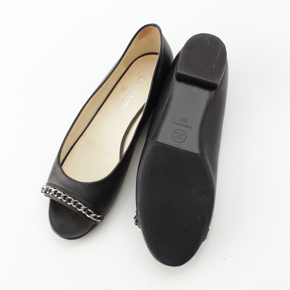 Chanel Lambskin Leather CC Logo Chain Open Toe Pumps Flat Shoes Black 39C — view 5