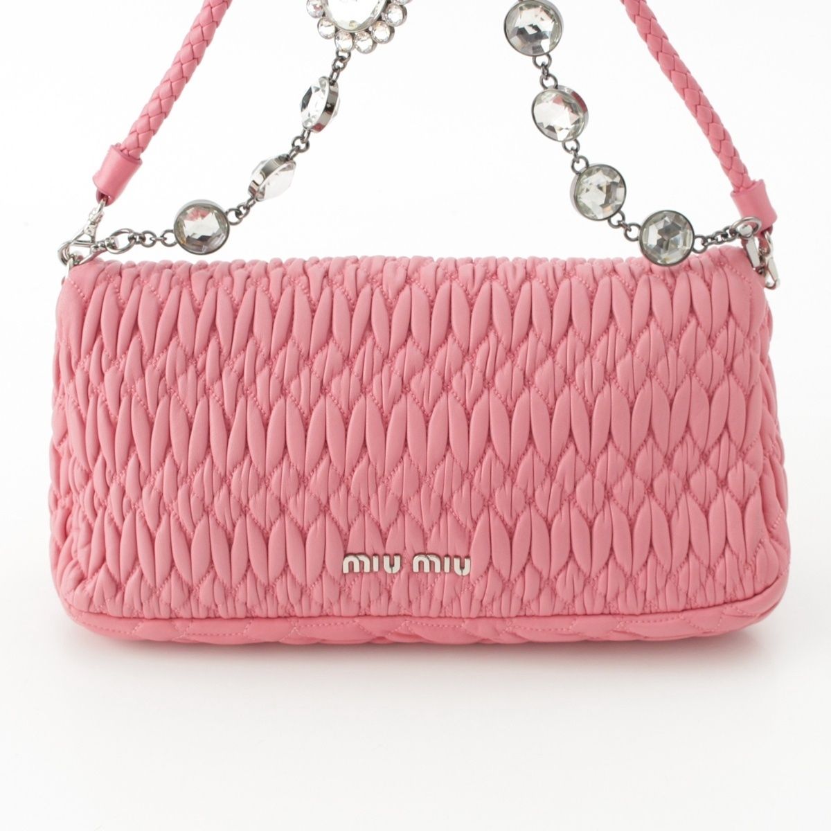 Miu Miu Matelasse Leather Sheep Crystal Chain Shoulder Bag Pink — view 5
