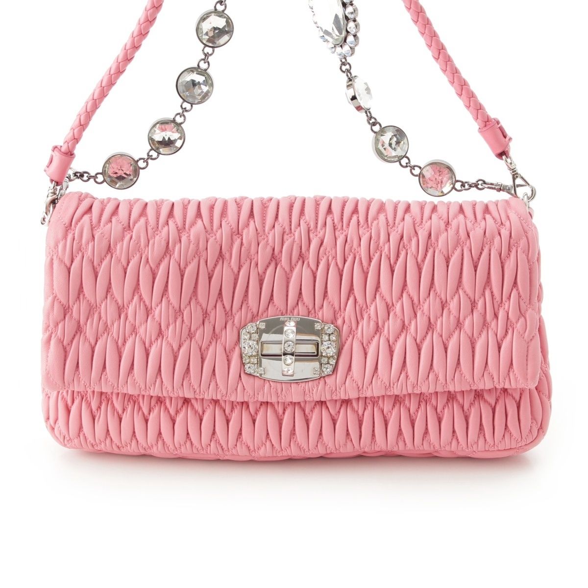 Miu Miu Matelasse Leather Sheep Crystal Chain Shoulder Bag Pink — view 2