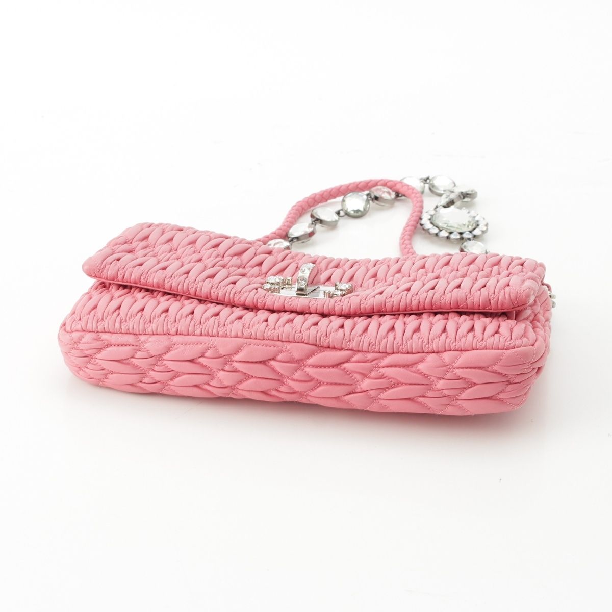 Miu Miu Matelasse Leather Sheep Crystal Chain Shoulder Bag Pink — view 6