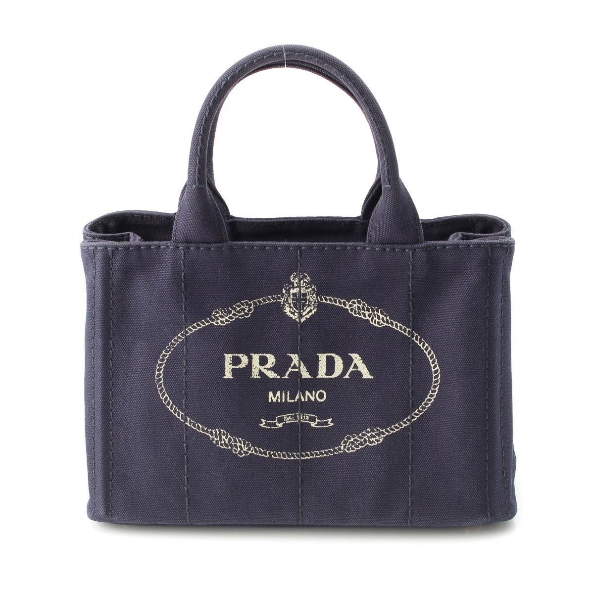 Prada Canapa Tote Canvas Logo 2-Way Shoulder Bag Navy Blue