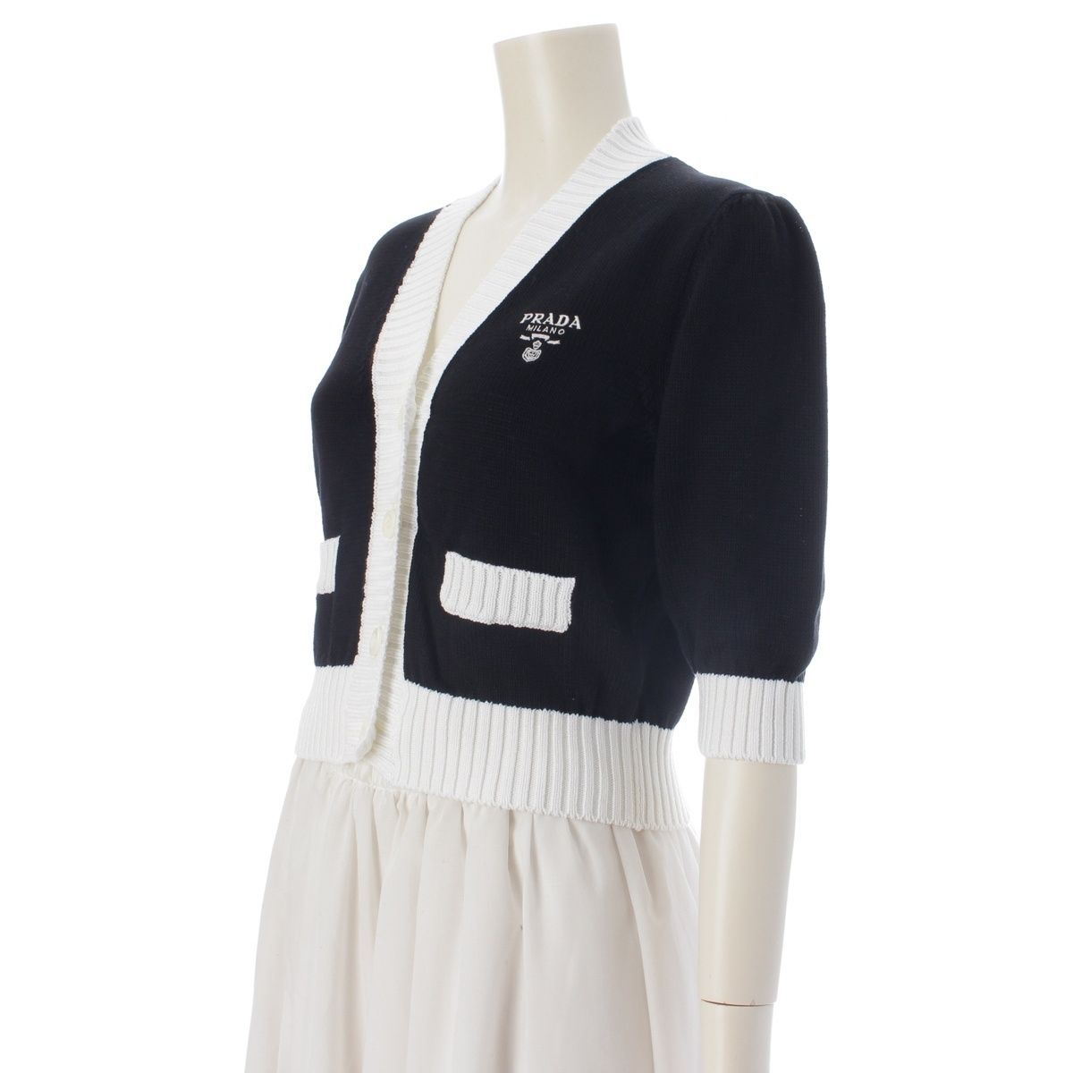 Prada Cotton Knit Logo Embroidery Cropped Cardigan Top Black White 36 — view 2