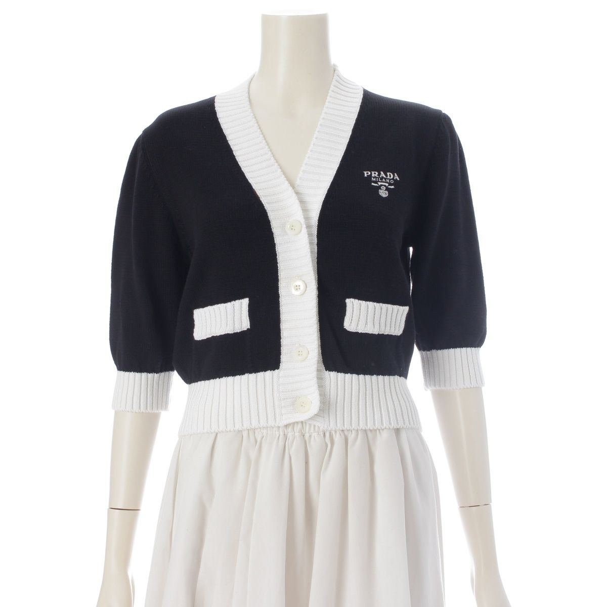 Prada Cotton Knit Logo Embroidery Cropped Cardigan Top Black White 36