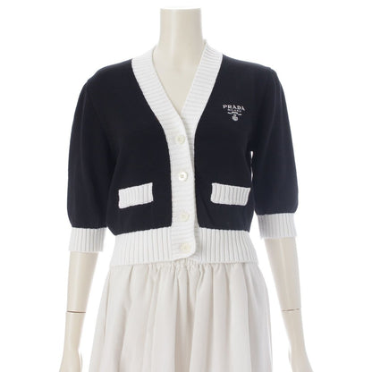 Prada Cotton Knit Logo Embroidery Cropped Cardigan Top Black White 36