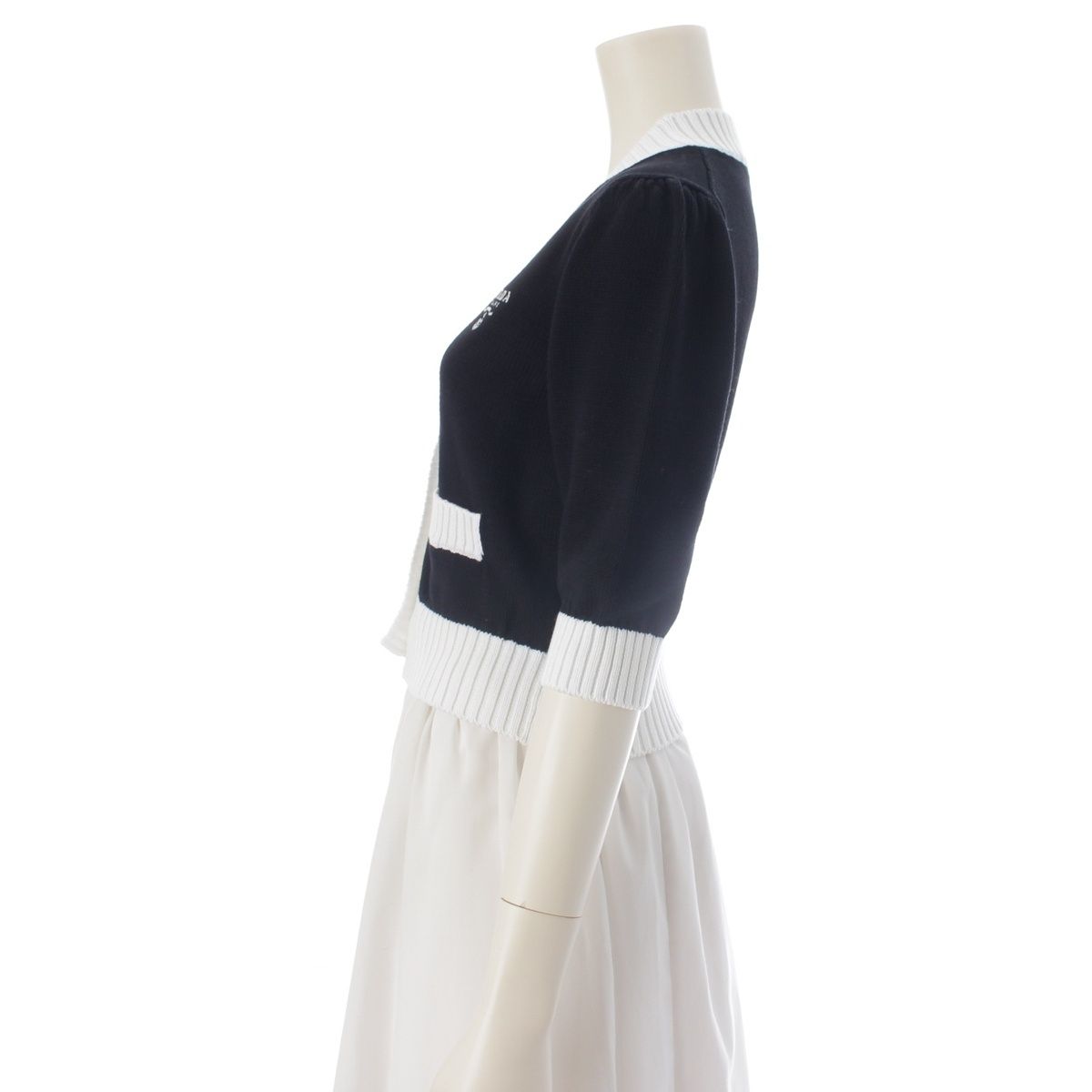 Prada Cotton Knit Logo Embroidery Cropped Cardigan Top Black White 36 — view 3