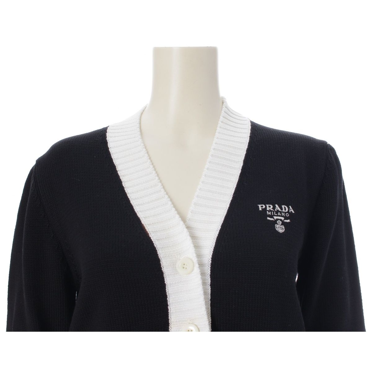 Prada Cotton Knit Logo Embroidery Cropped Cardigan Top Black White 36 — view 5