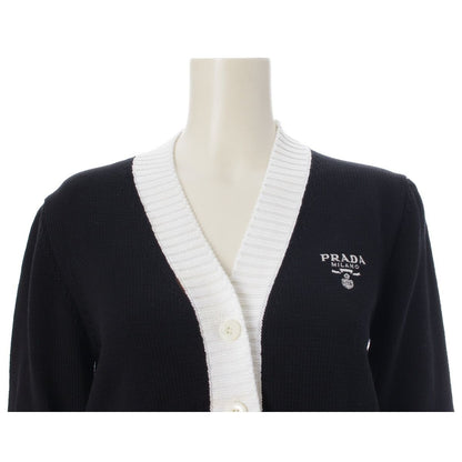 Prada Cotton Knit Logo Embroidery Cropped Cardigan Top Black White 36 — view 5