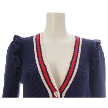 Gucci Sherry Line Wool Ruffle Long Sleeve Knit Cardigan Top Navy Red — view 5