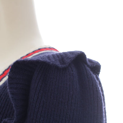 Gucci Sherry Line Wool Ruffle Long Sleeve Knit Cardigan Top Navy Red — view 6