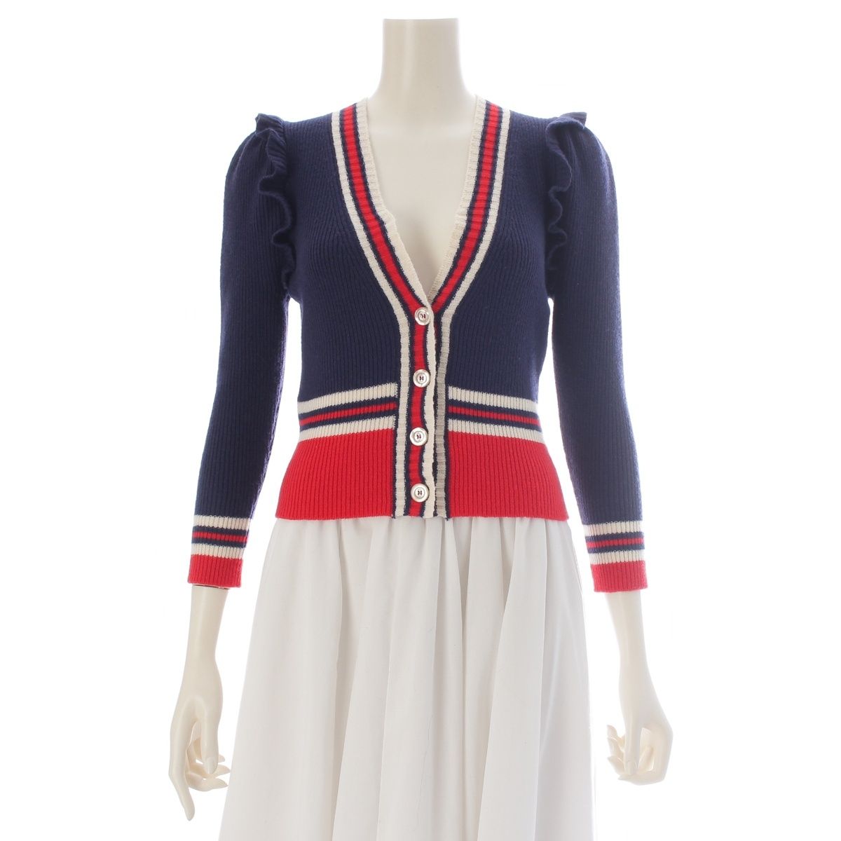 Gucci Sherry Line Wool Ruffle Long Sleeve Knit Cardigan Top Navy Red