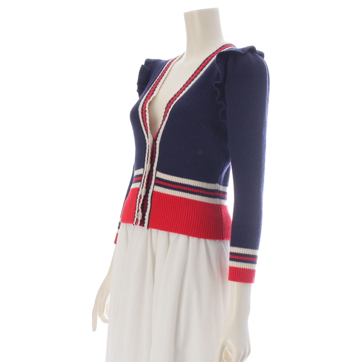 Gucci Sherry Line Wool Ruffle Long Sleeve Knit Cardigan Top Navy Red — view 2