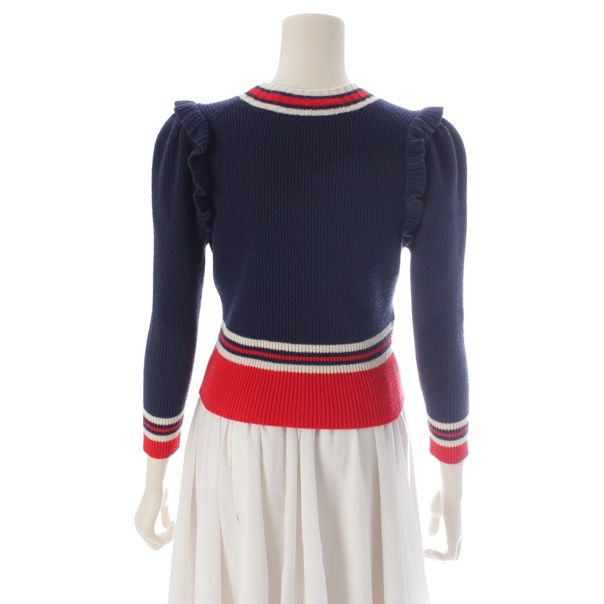 Gucci Sherry Line Wool Ruffle Long Sleeve Knit Cardigan Top Navy Red — view 4