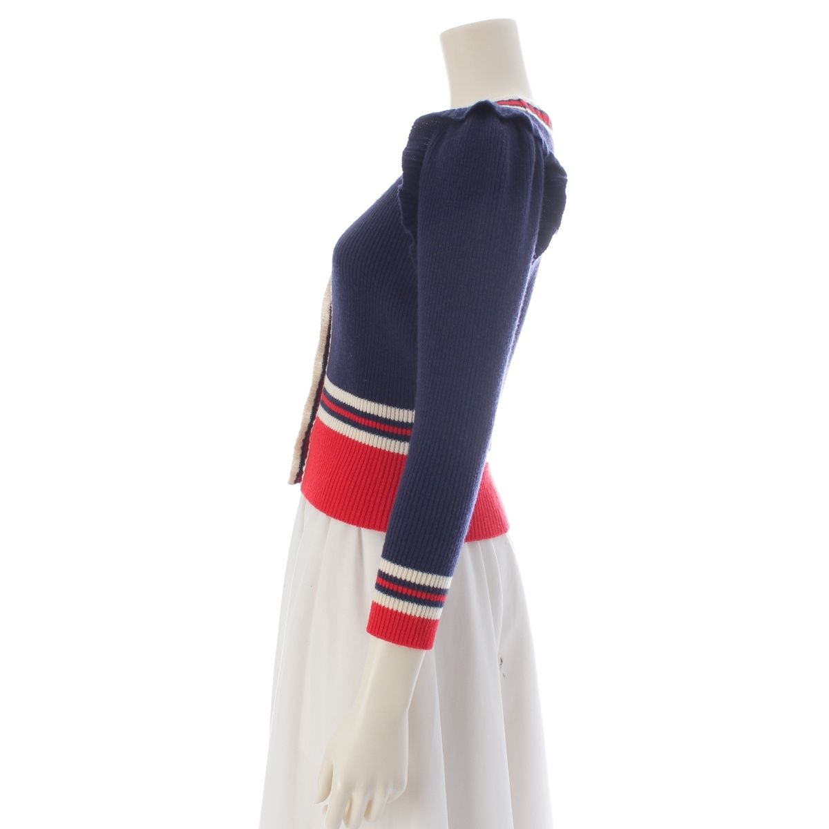 Gucci Sherry Line Wool Ruffle Long Sleeve Knit Cardigan Top Navy Red — view 3