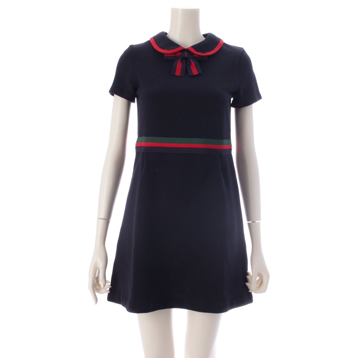 Gucci Polyester Sherry Line Bow Tie Dress Navy 12