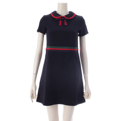 Gucci Polyester Sherry Line Bow Tie Dress Navy 12