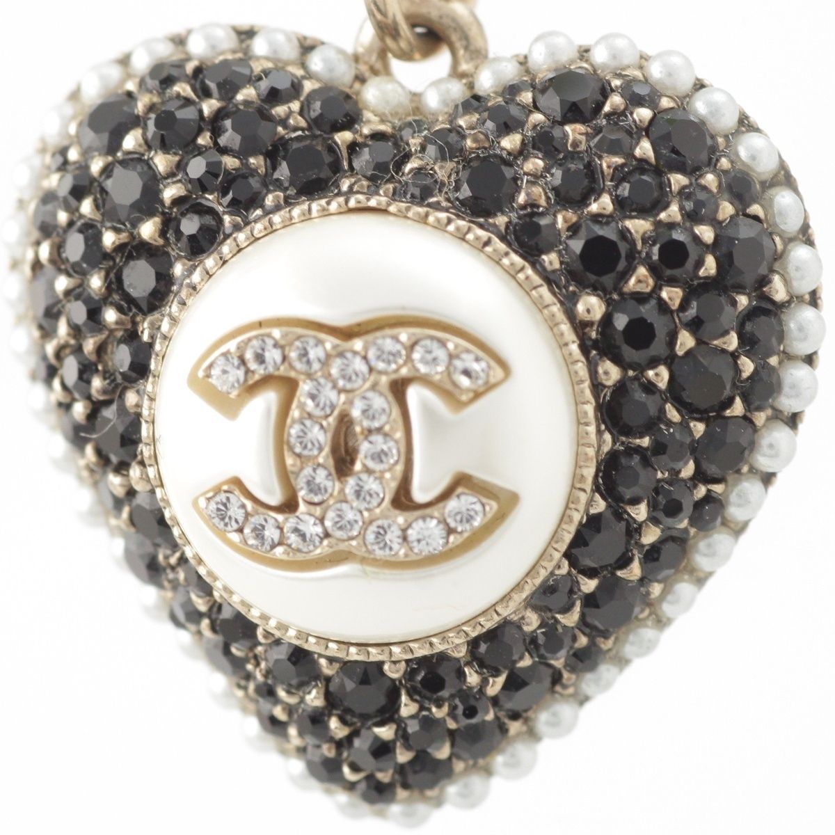 Chanel Metal Rhinestone CC Logo Heart Chain Necklace Black White — view 4