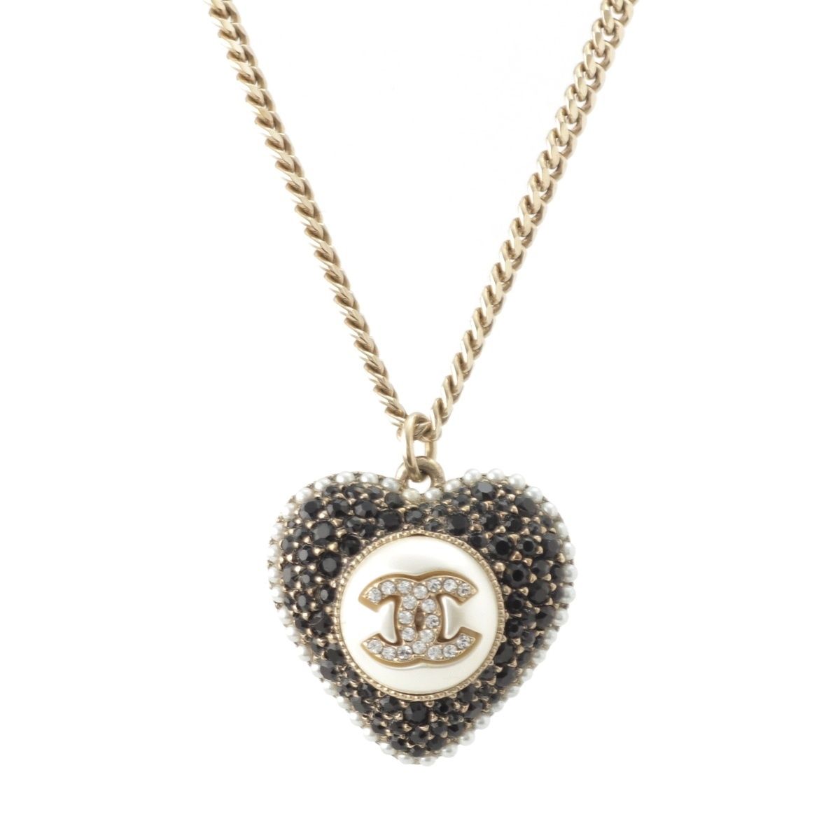 Chanel Metal Rhinestone CC Logo Heart Chain Necklace Black White