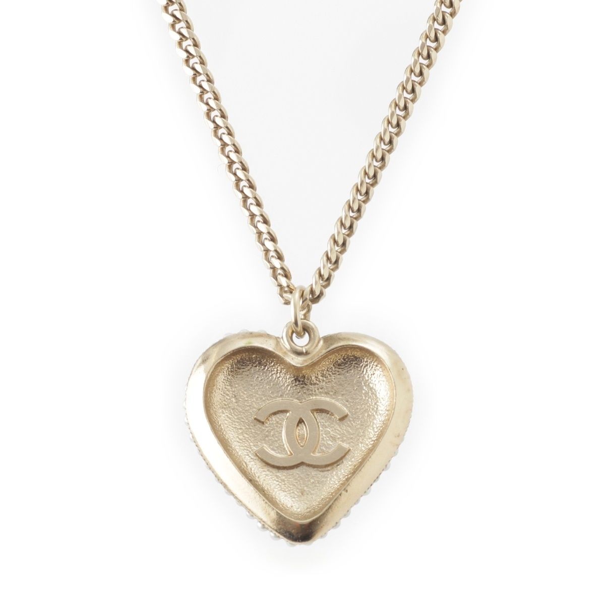 Chanel Metal Rhinestone CC Logo Heart Chain Necklace Black White — view 2