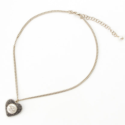 Chanel Metal Rhinestone CC Logo Heart Chain Necklace Black White — view 3
