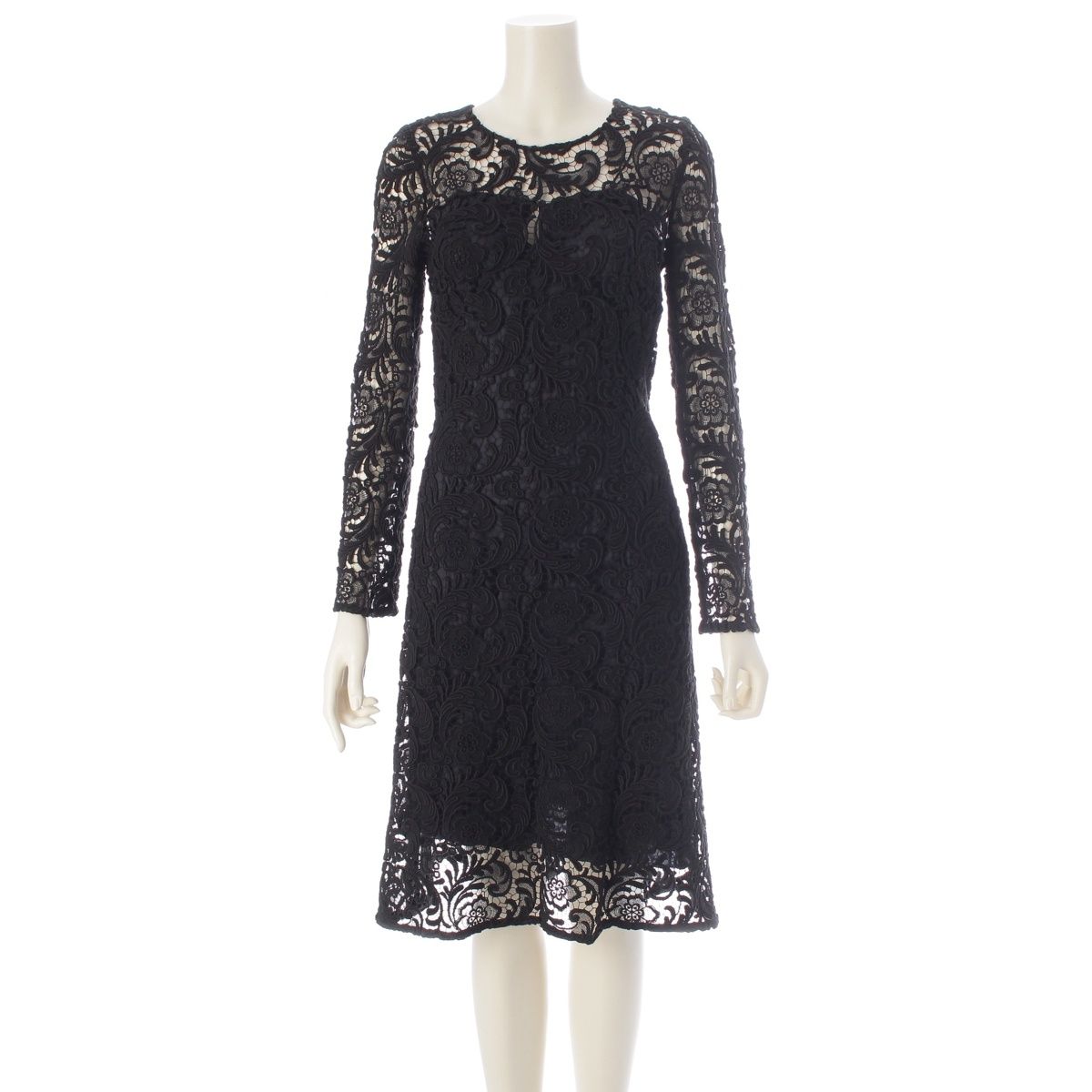 Prada AW the New Lace Runway Silk Long Sleeve Floral Pattern Long Dress Black 38