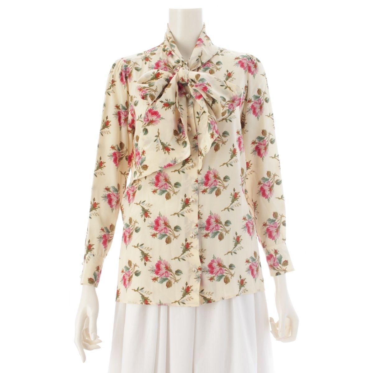 Gucci Michele Era Silk GG Pearl Button Floral Pattern Tie Design Blouse Top