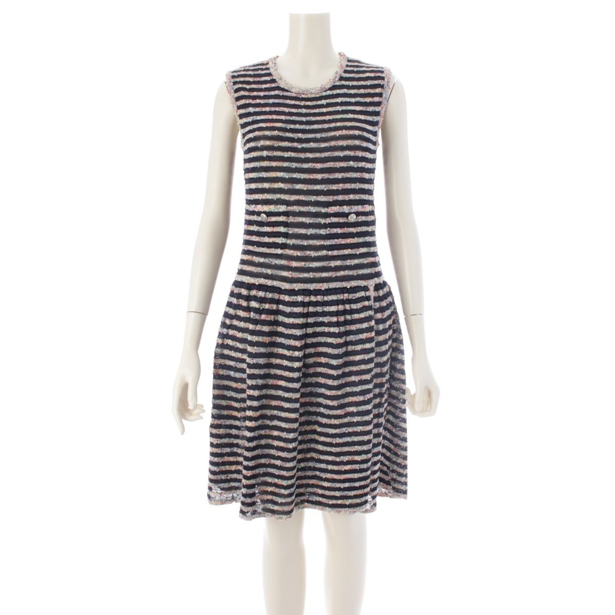 Chanel Sleeveless Border Knit Dress Multicolor 40