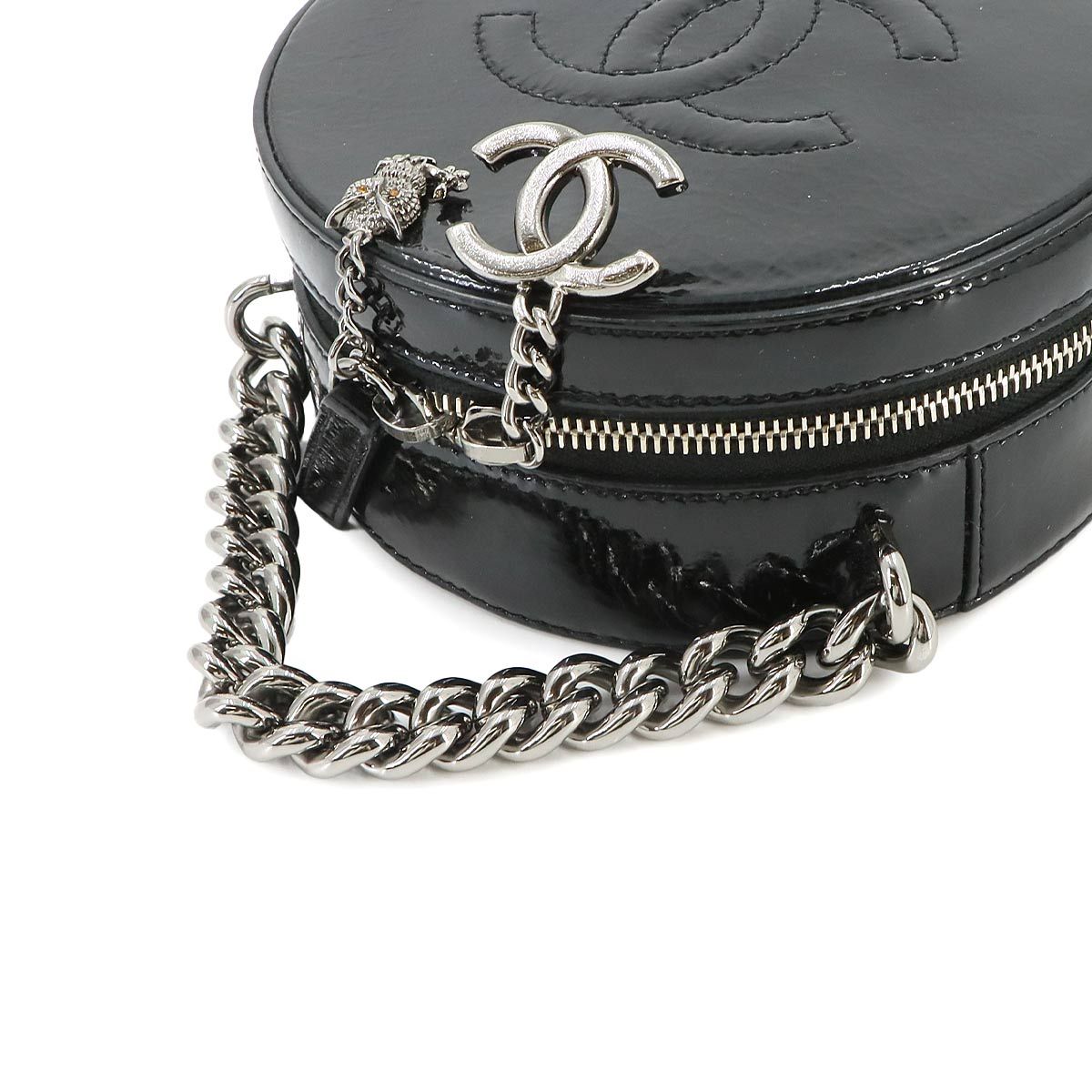 Chanel Round Quilted 2-Way Chain Shoulder Bag Patent Leather Black — view 6