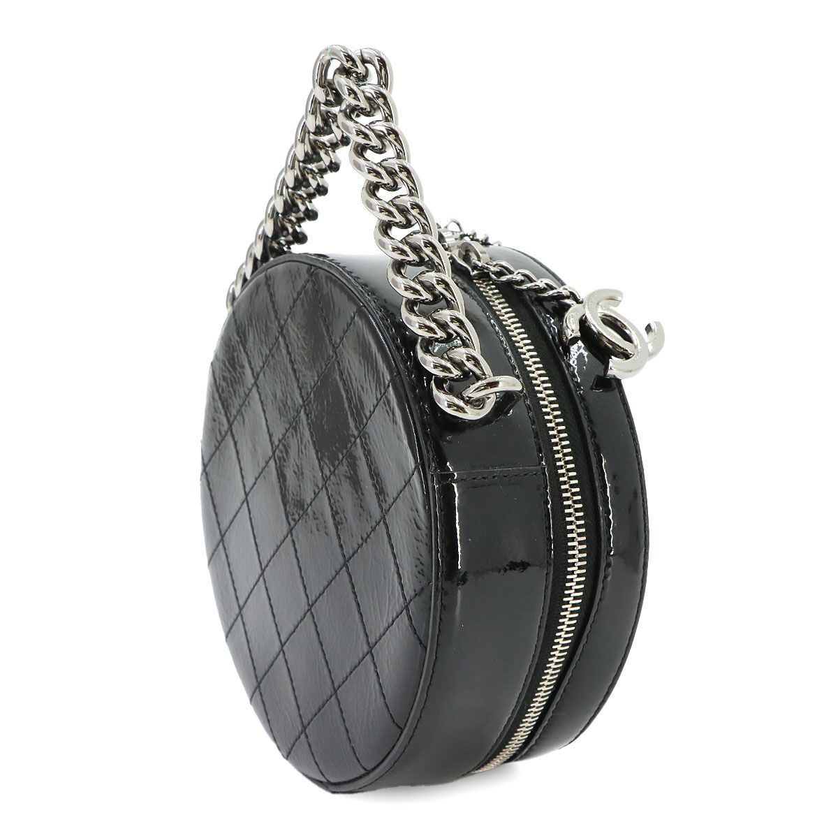 Chanel Round Quilted 2-Way Chain Shoulder Bag Patent Leather Black — view 4
