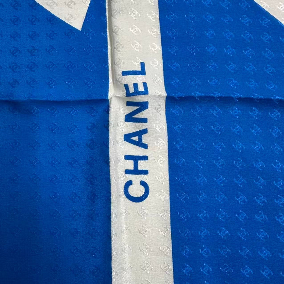Chanel Ribbon Pattern Silk Scarf Blue — view 8
