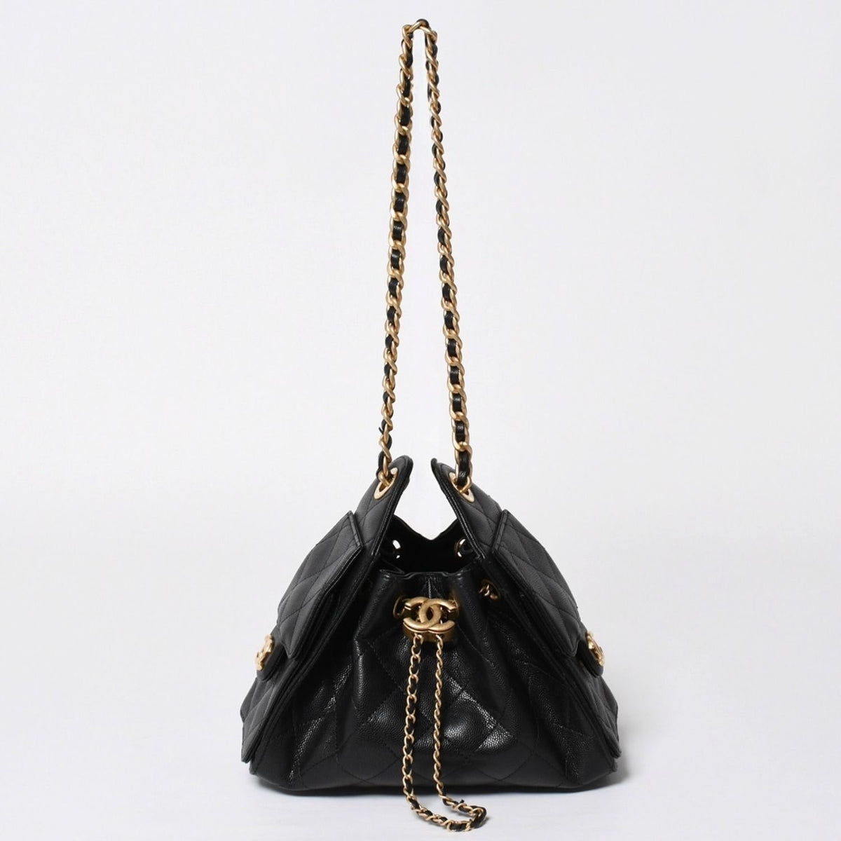 Chanel 25 Mini Chain Shoulder Bag Caviar Leather Black Gold