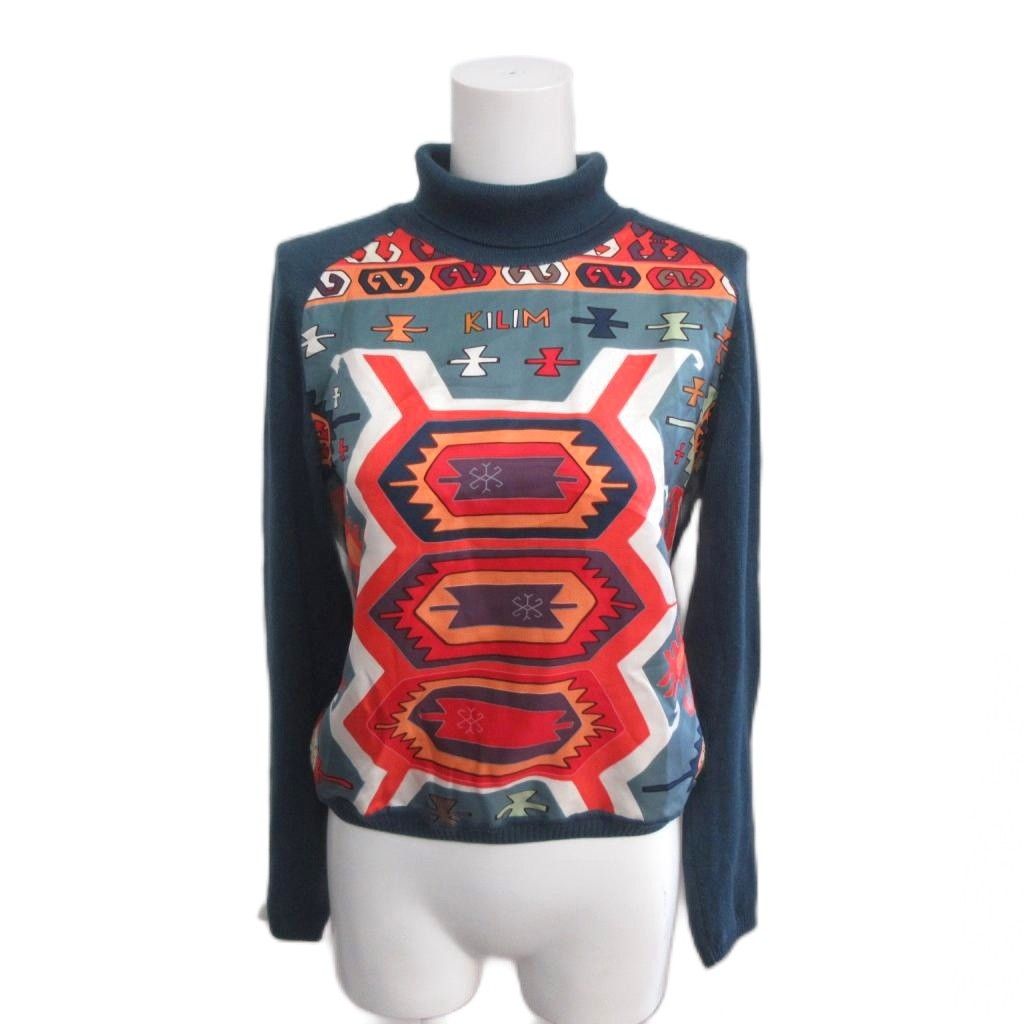 Hermes Knit Sweater Cashmere Silk Twillaine Turtleneck All Over Print Long L