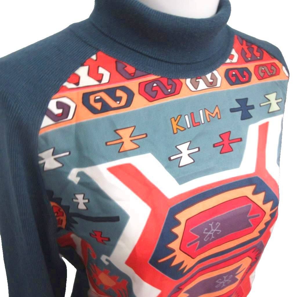 Hermes Knit Sweater Cashmere Silk Twillaine Turtleneck All Over Print Long L — view 5