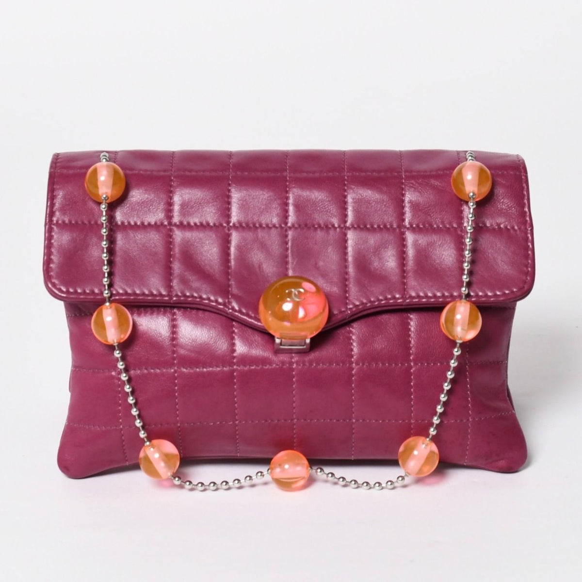 Chanel Choco Bar Ball Chain Shoulder Bag CC Logo Lambskin Pink Silver