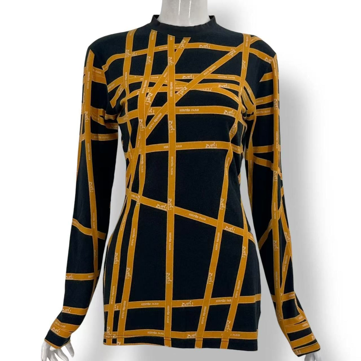 Hermes T-Shirt Long Sleeve Ribbon Pattern Black