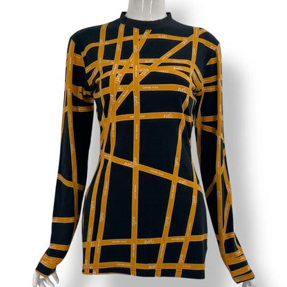 Hermes T-Shirt Long Sleeve Ribbon Pattern Black