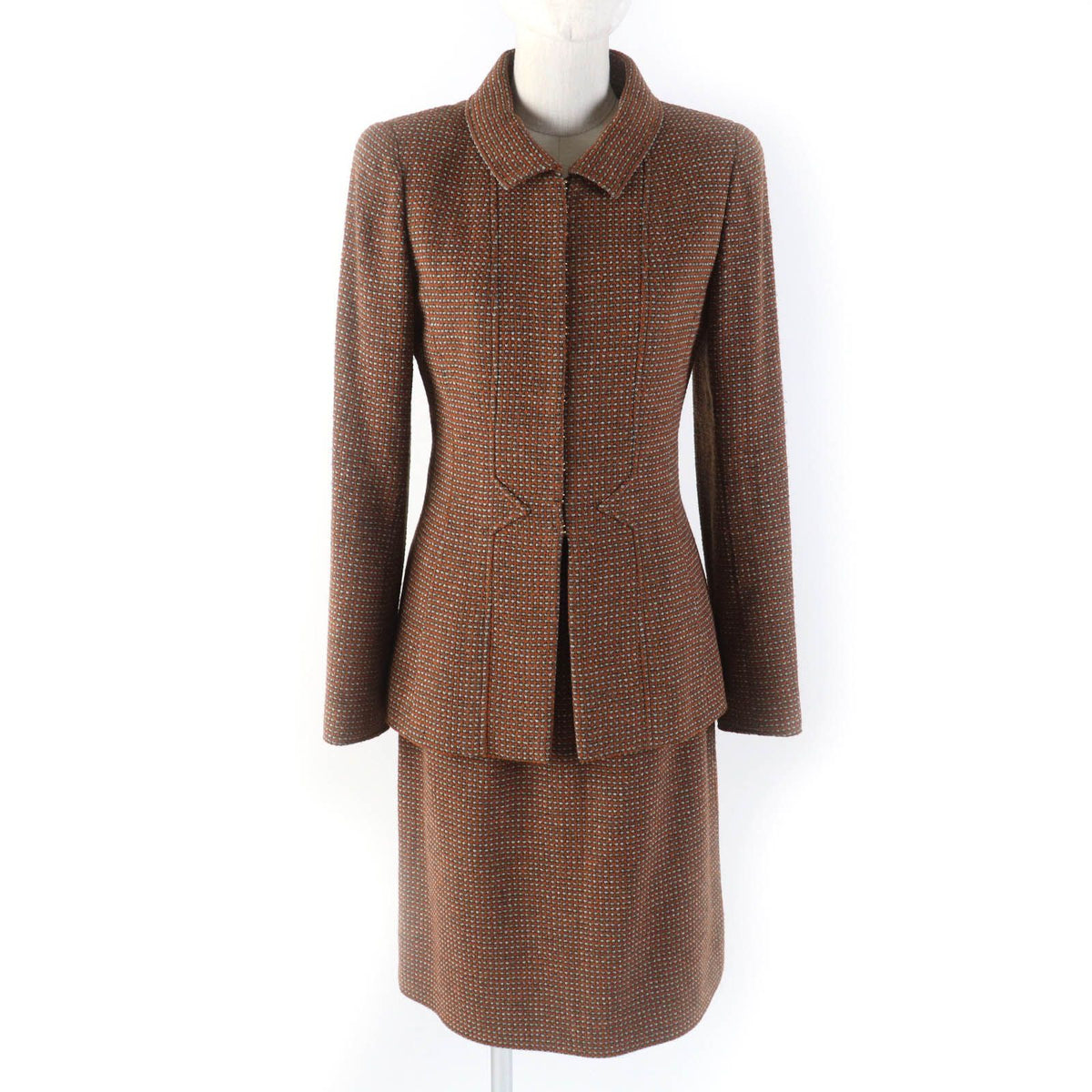 Chanel Vintage 96A CC Logo Buttoned Jacket Skirt Suit Set Brown 38