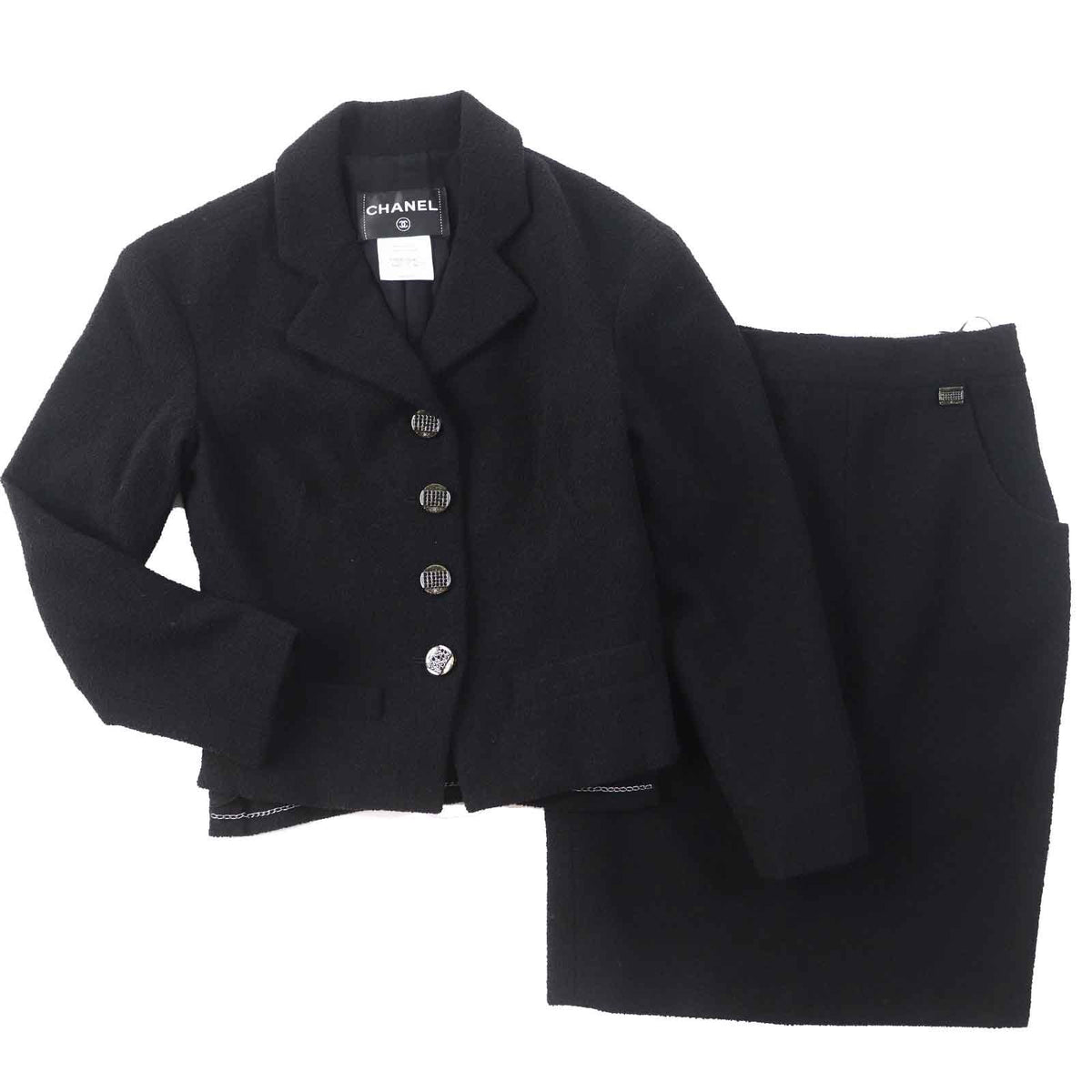 Chanel Wool Silk Blend Rhinestone Coco Buttons with Plate Single Color Set Black