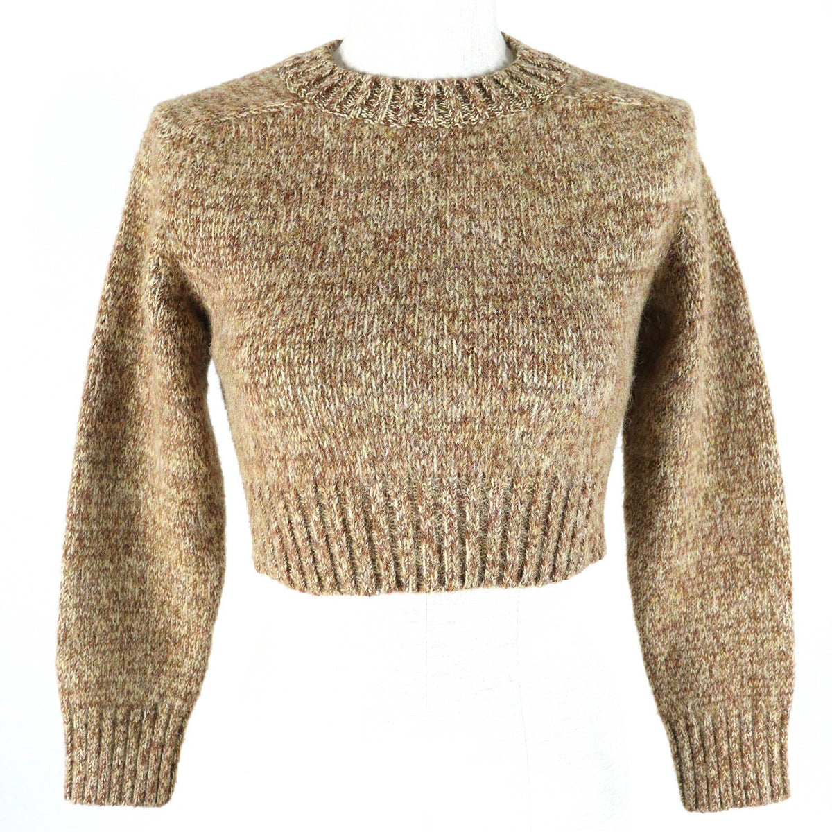 Loewe Wool 100% Anagram Leather Patch Cropped Knit Sweater Brown