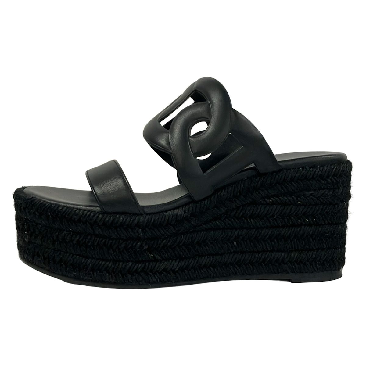 Hermes Sandals Itea Black Wedge Sole Espadrilles Leather