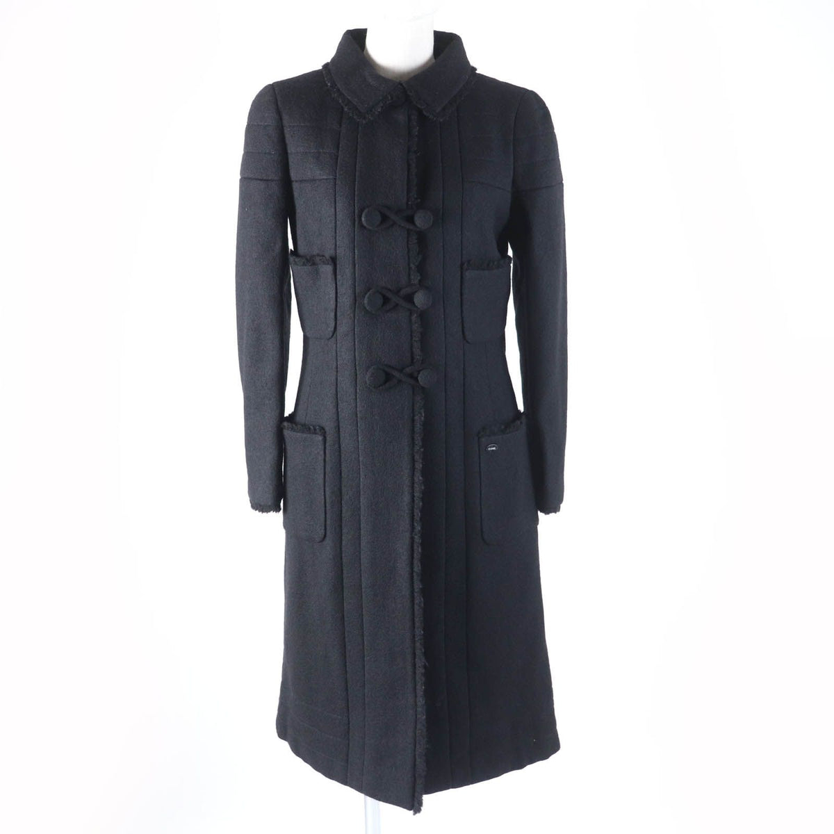 Chanel 06A Lining Silk 100% Logo Plate Cut Off Wool Coat Black 36