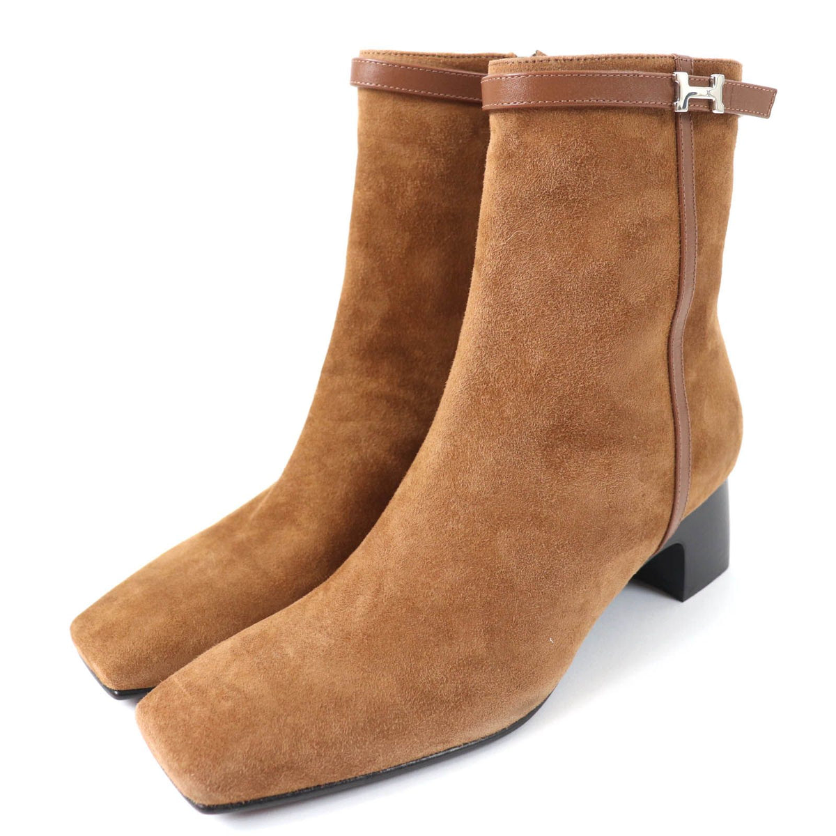 Hermes Homage Silver H Bangle Suede Leather Short Boots Brown