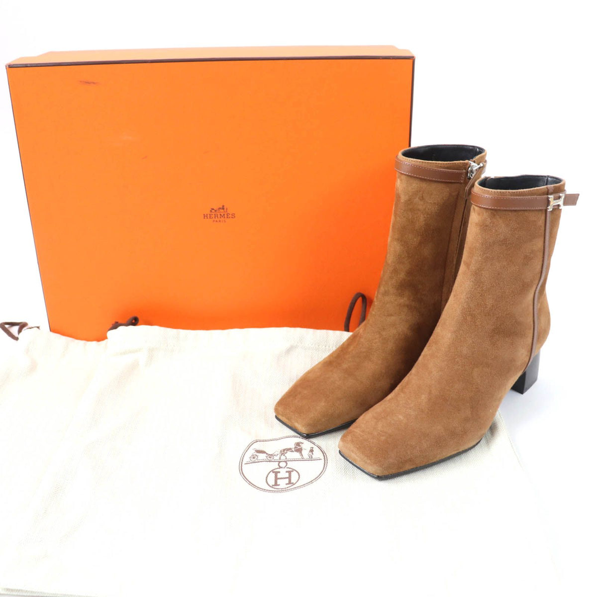 Hermes Homage Silver H Bangle Suede Leather Short Boots Brown — view 2