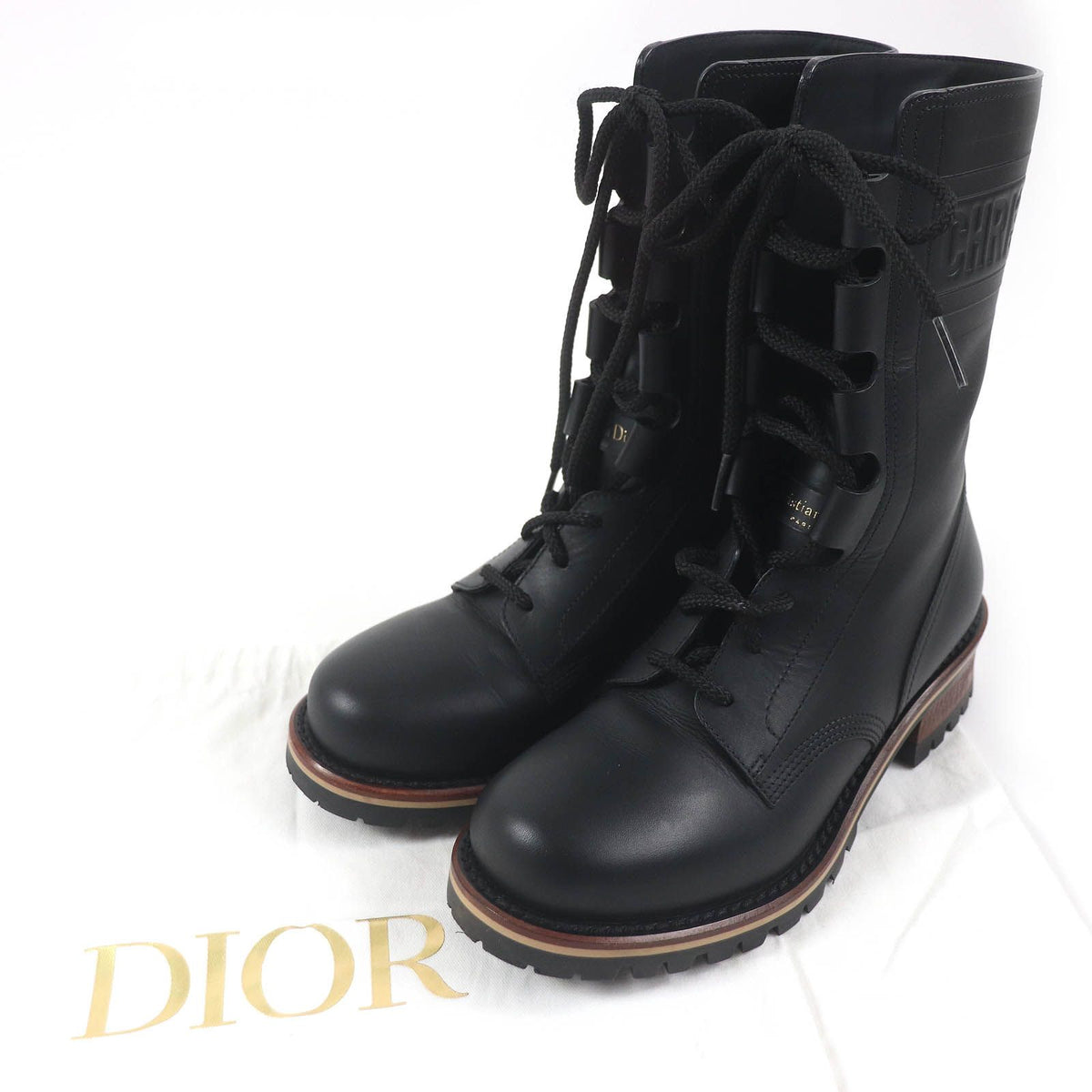 Dior Quest Logo Embossed Lace-up Combat Leather Boots Black — view 2